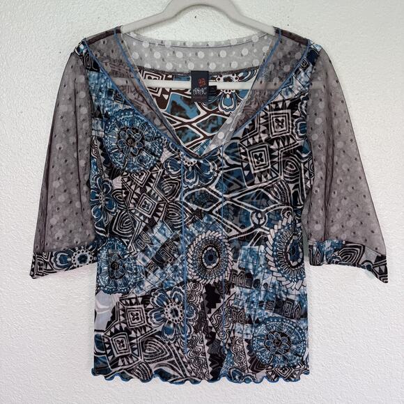 Anac Tops - ANAC by Kimi Y2K Top Womens XL Sheer Mesh Geometric Floral Blouse Boho Art 2000s